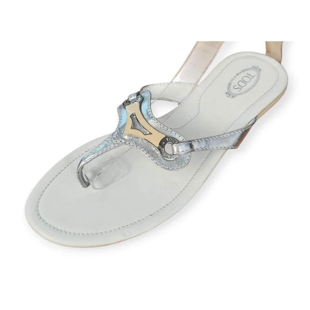 Tod's T-Strap White Metallic Leather Flat Slip-On Sandals Made Italy Size 8.5